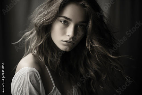 Soft monochrome portrait of a young woman, gentle eyes, wispy hair, ethereal lighting