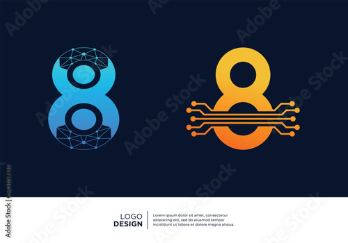 Number 8 logo design collection. Abstract symbol for digital technology.