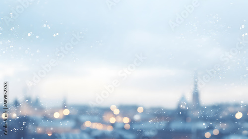 Blurred Winter City Lights with Snowflakes. Created with generative AI