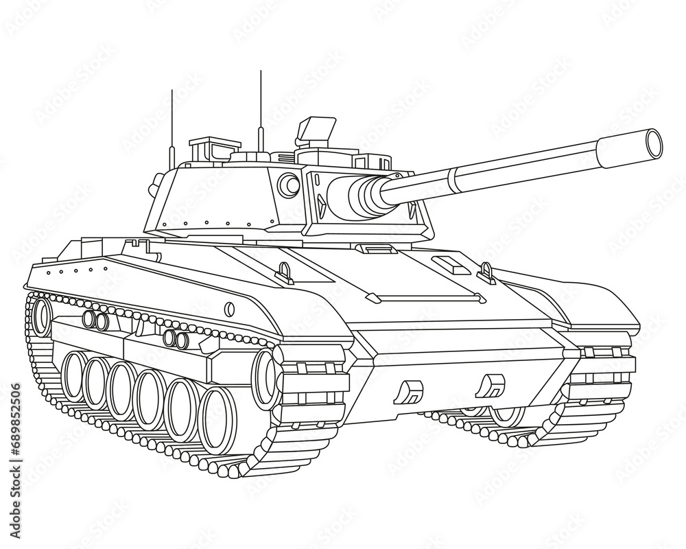 Main battle tank Coloring Page. Armored fighting vehicle. Special military transport. Detailed vector illustration isolated on white background.