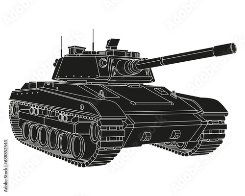 Main battle tank black doodle. Armored fighting vehicle. Special military transport. Detailed vector illustration isolated on white background.