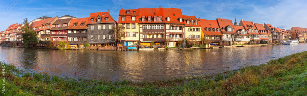 Panorama of Little Venice in Old town of Bamberg in sunny winter day, Bavaria, Germany