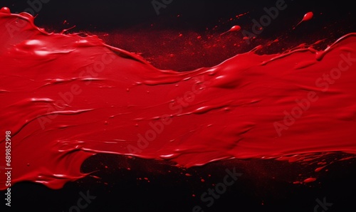 A bold red paint splash with a striking contrast against a black background, creating an abstract design. photo
