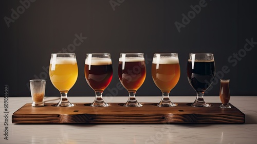 a wooden beer tasting platter with beer glasses in brewery, highlighting the craftsmanship of the platter and the ambiance of the brewery.