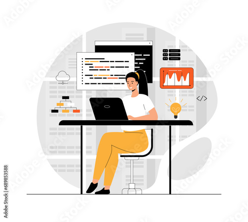 Software development, programming, coding. Woman working with program code, testing and optimization, engineering process. Illustration with people scene in flat design for website and mobile develop