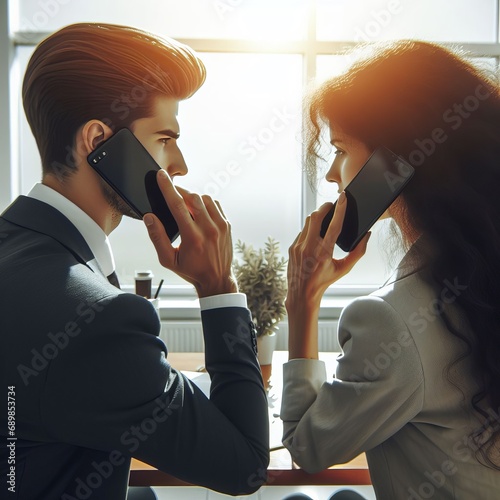 two business people man and woman stand next to each other and communicate on their phones photo