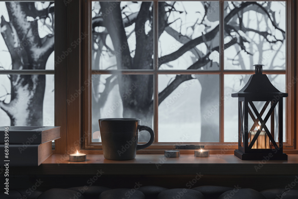 3D rendering of decorated windowsill with view of snow covered trees