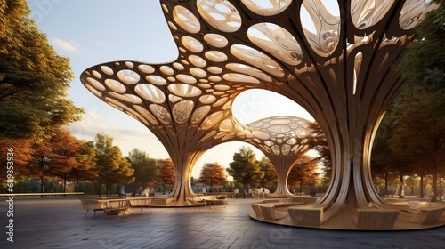 An expansive parametric park pavilion featuring intricate, fractal-inspired patterns, providing both shade and aesthetic appeal