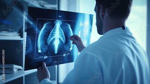a radiology doctor examining a chest X-ray film of a patient in a hospital room, highlighting the precision and professionalism of medical diagnostics.