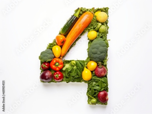 The Number 4 Crafted from an Array of Fresh Vegetables, Showcasing Vibrant Nutrition and Wholesome Dietary Diversity