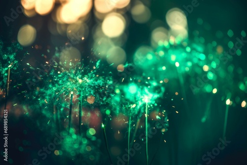 sparking sparkler in the green area. sparkler fire with blurred bokeh background. new year or St. Patrick's Day.