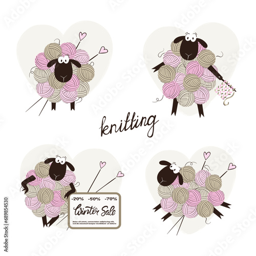 Set of cute sheep made of yarn balls. Vector cartoon knitting illustration