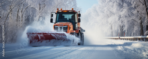 Tractor with a snow plow is plowing snow from a road during hard winter.