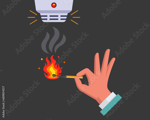 fire sensor. hand with a match. flat vector illustration.