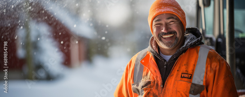 A portrait of a Road worker, winter maintenance worker. Orange safety reflect suit. © Filip