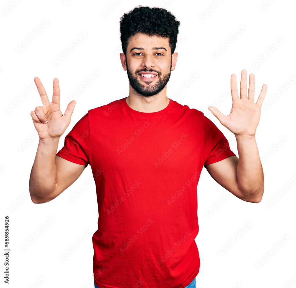 Young arab man with beard wearing casual red t shirt showing and pointing up with fingers number eight while smiling confident and happy. Young arab man with beard wearing casual red t shirt showing and pointing up with fingers number eight while smiling confident and happy.