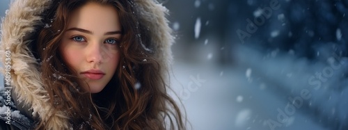 Beautiful smiling young woman in warm clothing looking at the camera. The concept of portrait in winter snowy weather