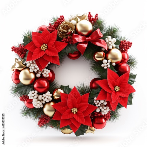 Christmas wreath with winter floral elements isolated on white background. Season greeting card element.