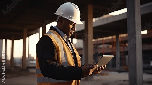 a construction specialist using a tablet computer, highlighting the precision and technology involved in construction work.