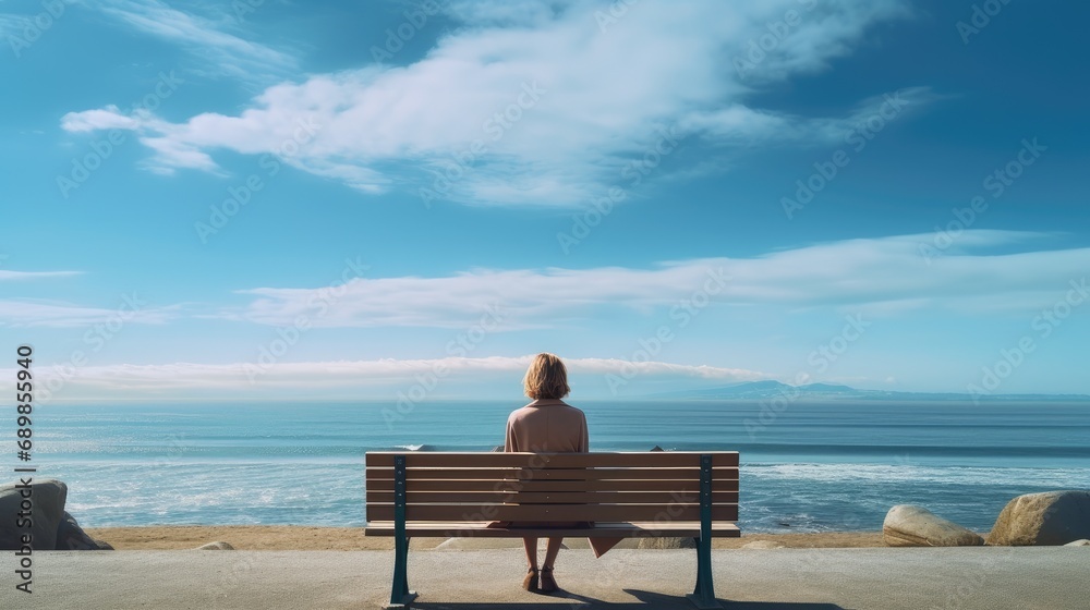 an unhappy single woman sitting on a bench, gazing at the distant sea or seascape horizon in a minimalist, modern composition. an unhappy single woman sitting on a bench, gazing at the distant sea or seascape horizon in a minimalist, modern composition.