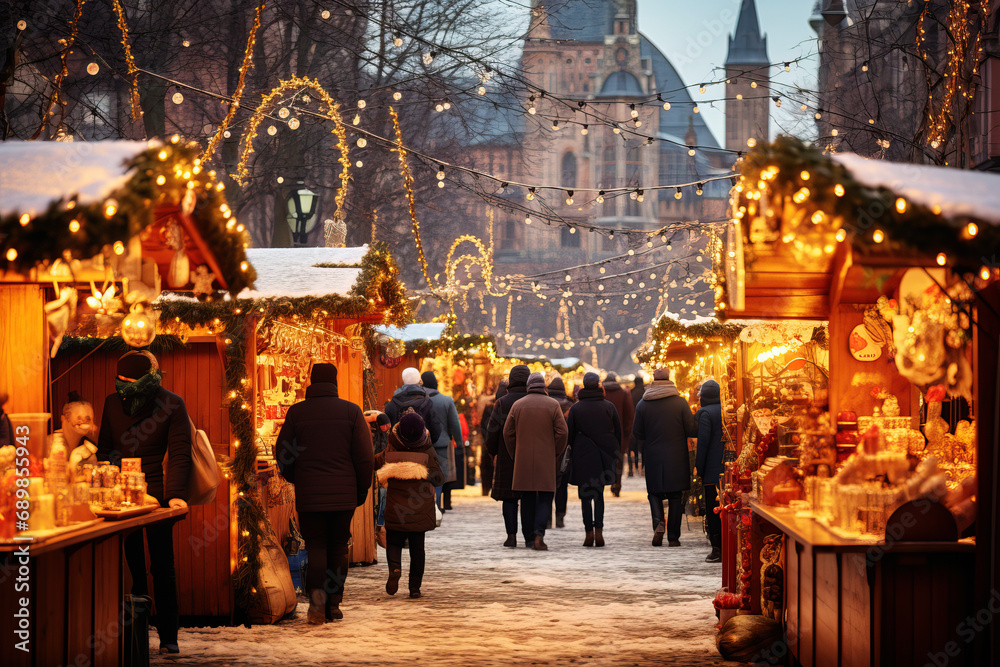 Winter market on a city square, selling seasonal goods, historical architecture covered in a blanket of snow