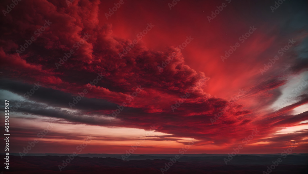 Intense Reddish Night Sky. Swirling Clouds Carrying Hints of Drama and Imminence, Creating an Air of Unsettling Magnificence.