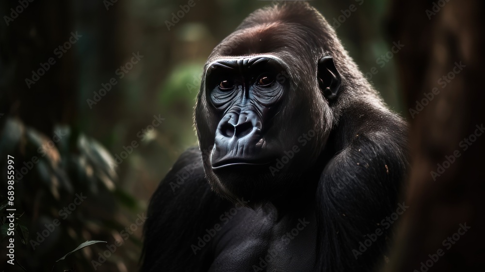Portrait of a gorilla in the jungle, looking at camera. Wilderness. Wildlife Concept.