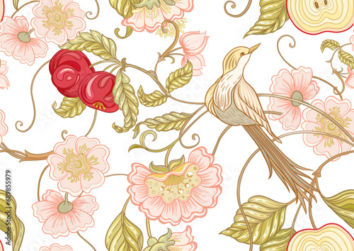 Fantasy apple, flowers and bird, decorative flowers and leaves in art nouveau style, vintage, old, retro style. Seamless border pattern, linear ornament, ribbon Vector illustration. 