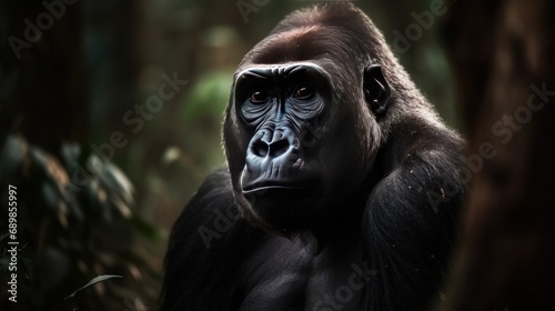 Portrait of a gorilla in the jungle, looking at camera. Wilderness. Wildlife Concept.