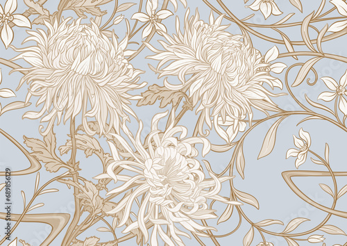 Chrysanthemum decorative flowers and leaves in art nouveau style, vintage, old, retro style. Seamless pattern, background. Vector illustration In vintage blue and beige colors