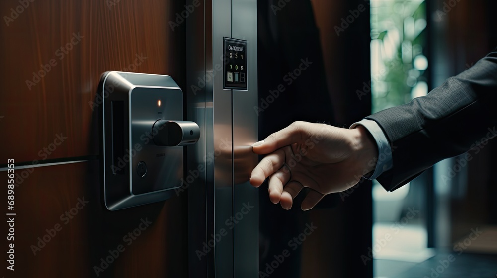 a business man in a close-up, employing a fingerprint to unlock a smart key home entrance, with a focus on minimalist and modern design elements.