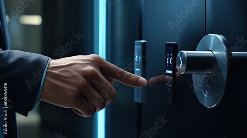 a business man in a close-up, employing a fingerprint to unlock a smart key home entrance, with a focus on minimalist and modern design elements.