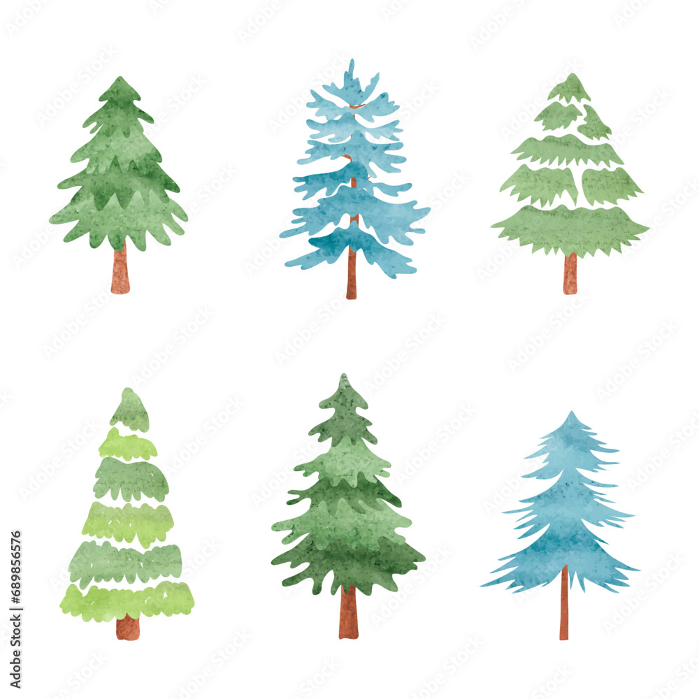Pine tree and fir tree set. Vector Christmas watercolor illustration
