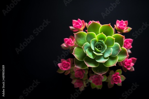 A bright green succulent with pink flowers, with empty space , © insta_photos/Stocks