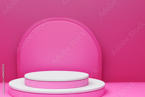 Pink Backdrop Podium with pink and white layers for product presentation and pink wall, Generative AI