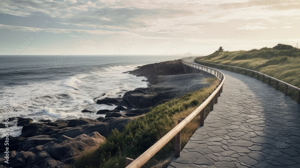 an elevated coastal path designed for walking and cycling, emphasizing a minimalist and modern style.