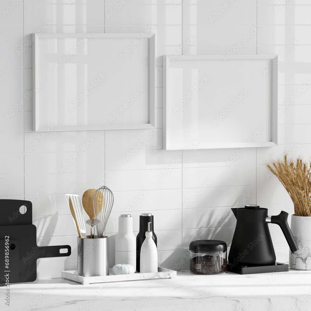 Blank Frame Mockup with sun glare in modern kitchen interior, 3d render Blank Frame Mockup with sun glare in modern kitchen interior, 3d render