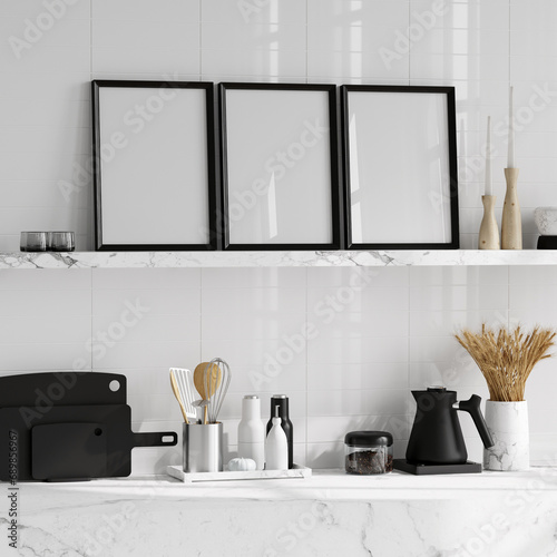 Blank Frame Mockup with sun glare in modern kitchen interior, 3d render