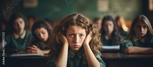 Anxious girl, bored students in class, focusing on education. photo