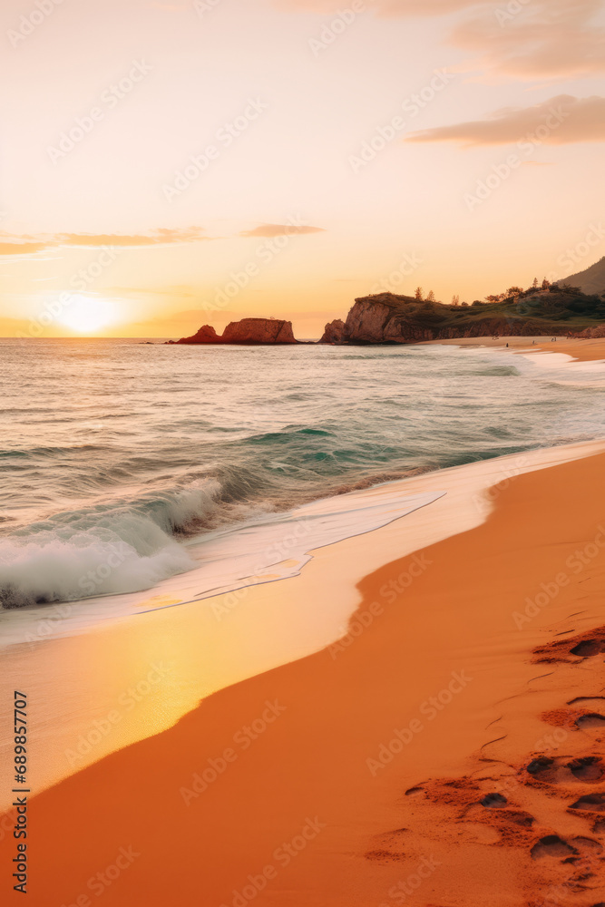 Hyper-realistic photo of the beach at golden hour: the perfection of nature at its most beautiful.