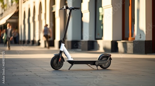 an electric scooter on the sidewalk near a road in the heart of the city, the essence of urban mobility in a minimalist and modern style