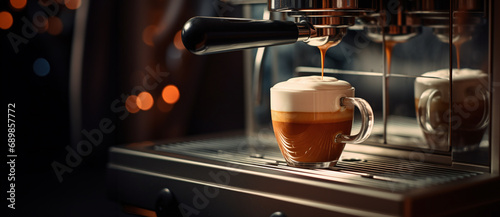 coffee machine making a cappuccino in a glass cup photo