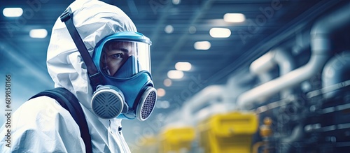 Chemical-carrying factory worker donning protective gear in industrial plant. photo