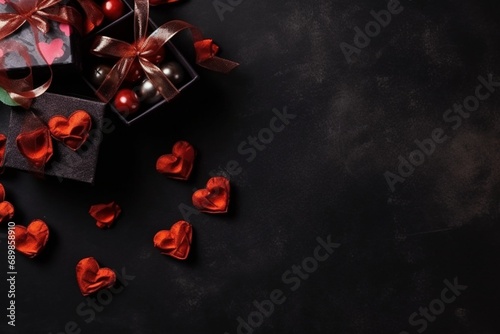 gift and hearts on black background ,february 14th photo