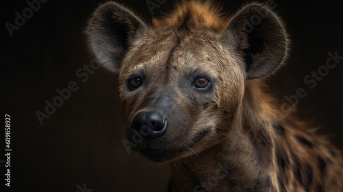 Spotted hyena portrait on dark background, close-up. Wilderness. Wildlife Concept.