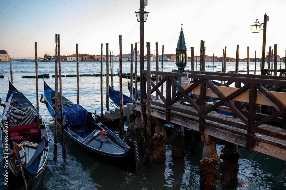 Gondolas along the Grand Canal in Venice, Italy. 