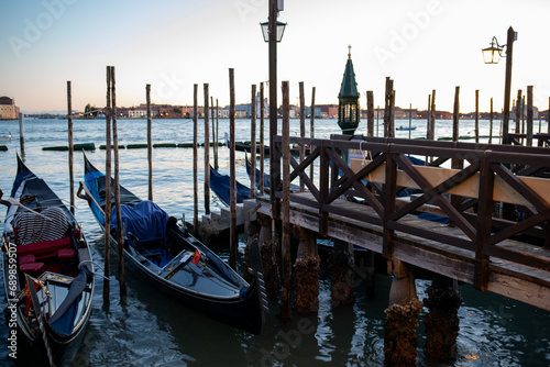 Gondolas along the Grand Canal in Venice, Italy. 