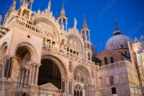 St. Mark s Basilica at night in Piazza San Marco in Venice  Italy