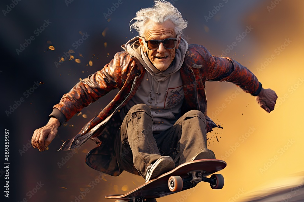 dziadek z babvcią na emeryturze latający na deskorolce w rozpietej koszuli na warjata - obrazy, fototapety, plakaty 