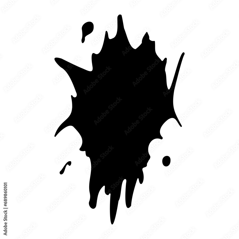 Ink blot. Abstract stain with drops and splashes. Black paint splatter. Vector illustration isolated on a white background. Liquid dirty inkblot. Grunge style. Design element Ink blot. Abstract stain with drops and splashes. Black paint splatter. Vector illustration isolated on a white background. Liquid dirty inkblot. Grunge style. Design element